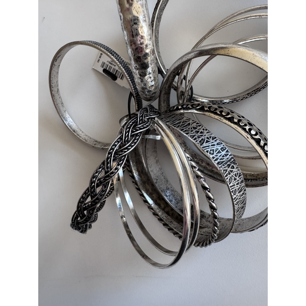 Bangle Set With Hammered, Arrow, Floral, Exaggerated Hexagram Design Silver - Picture 4 of 5